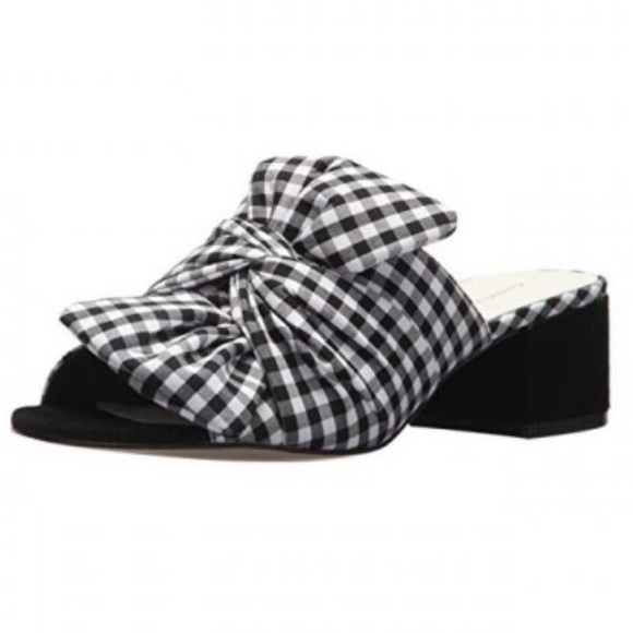 Gingham Bow Peep Toe Kitten Heel Mule Slides - Picture 3 of 4